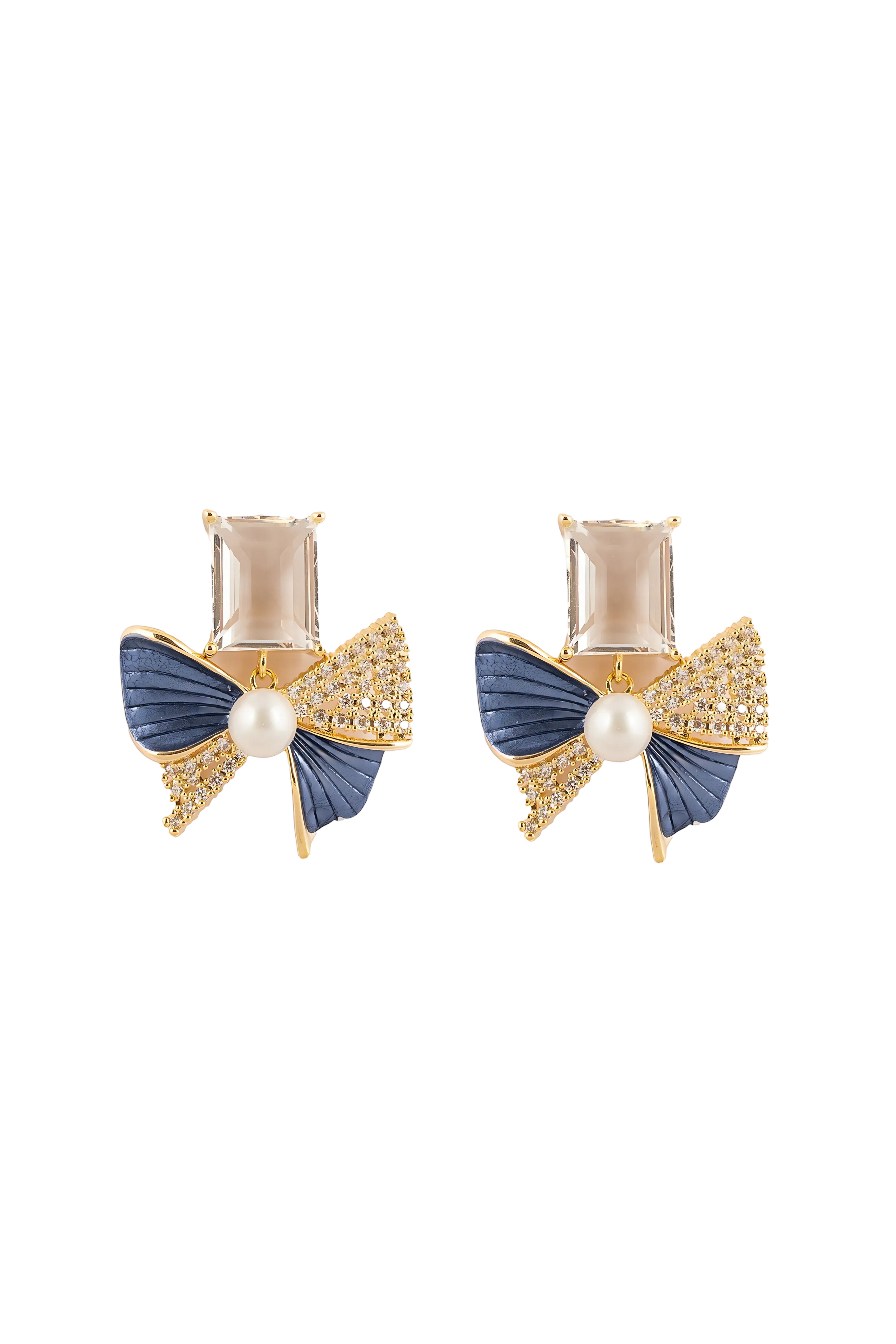Crystal Bow Pearl Stud Earring-KZ8812311