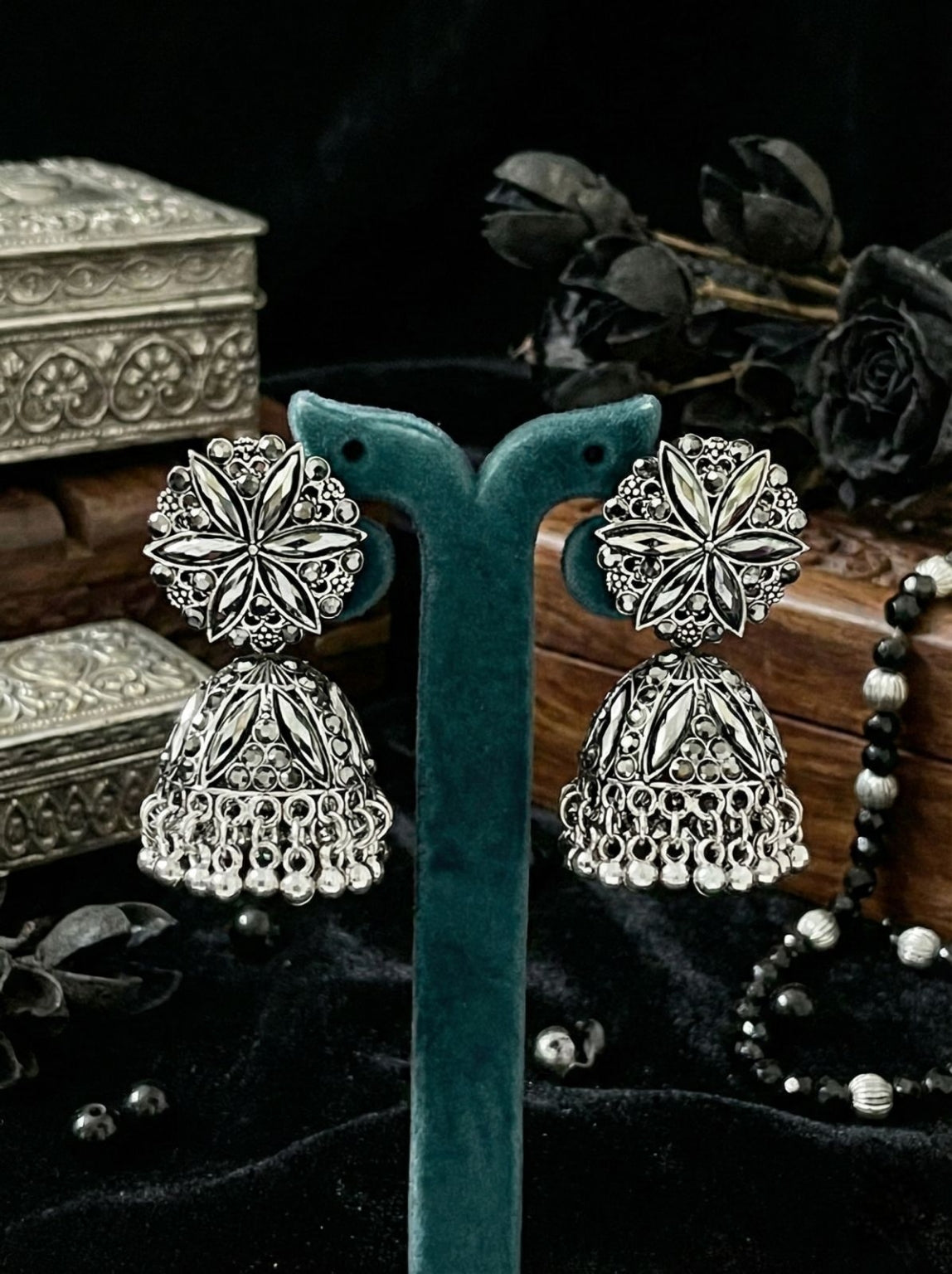 AshtaPushpa Jhumkas | Silver Oxidised Earrings – JAY88123126