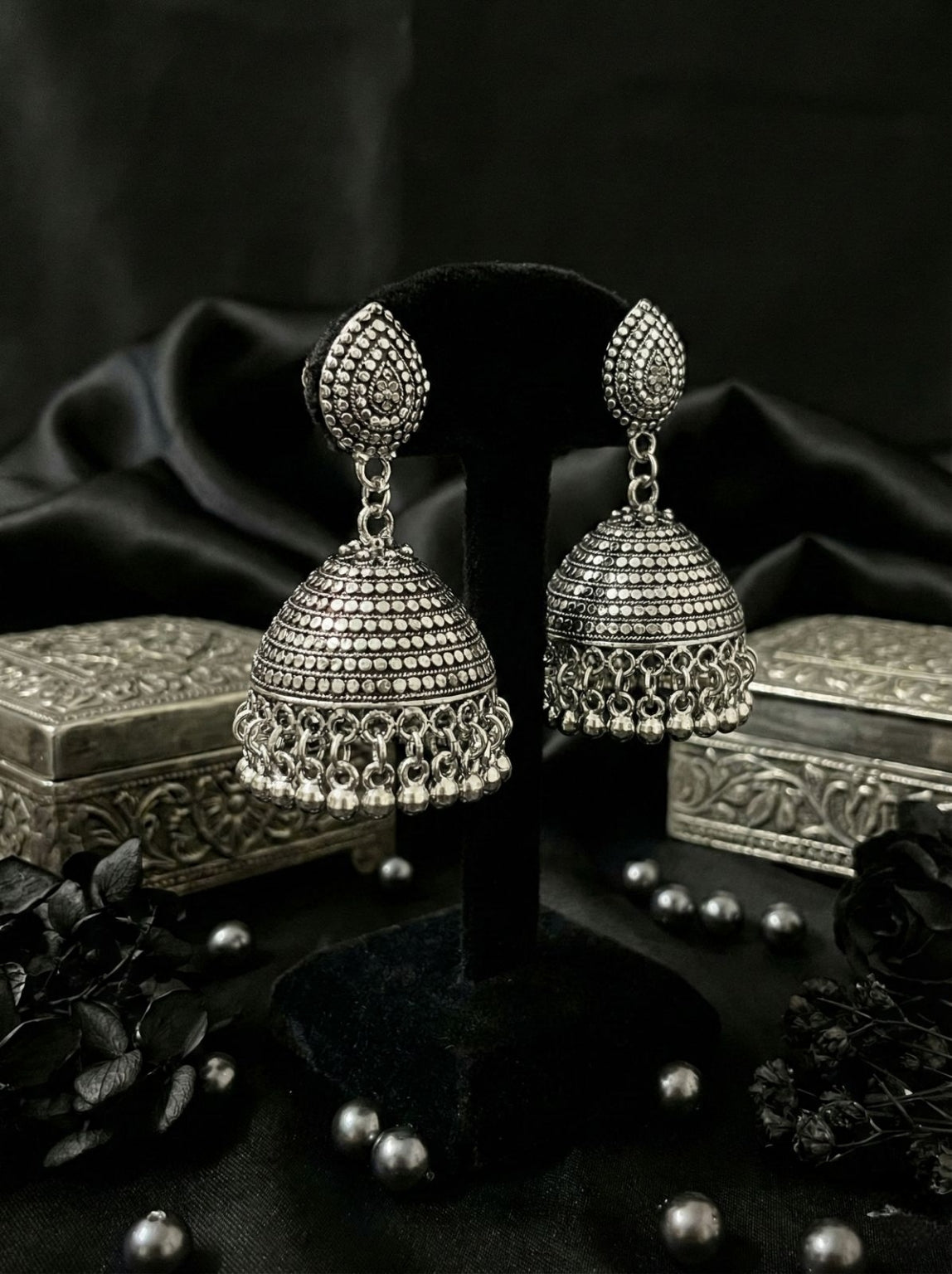 Bindu Mandal Jhumkas | Silver Oxidised Earrings – JAY88123123