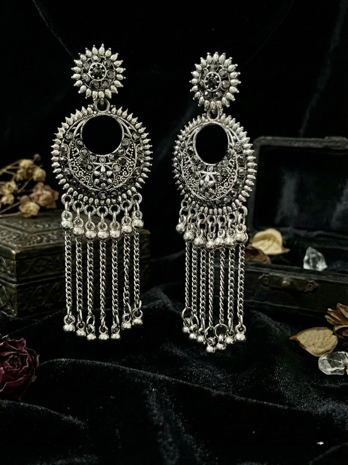 ChandraNaad Tassel Earrings | Silver Oxidised Earrings – JAY88123124