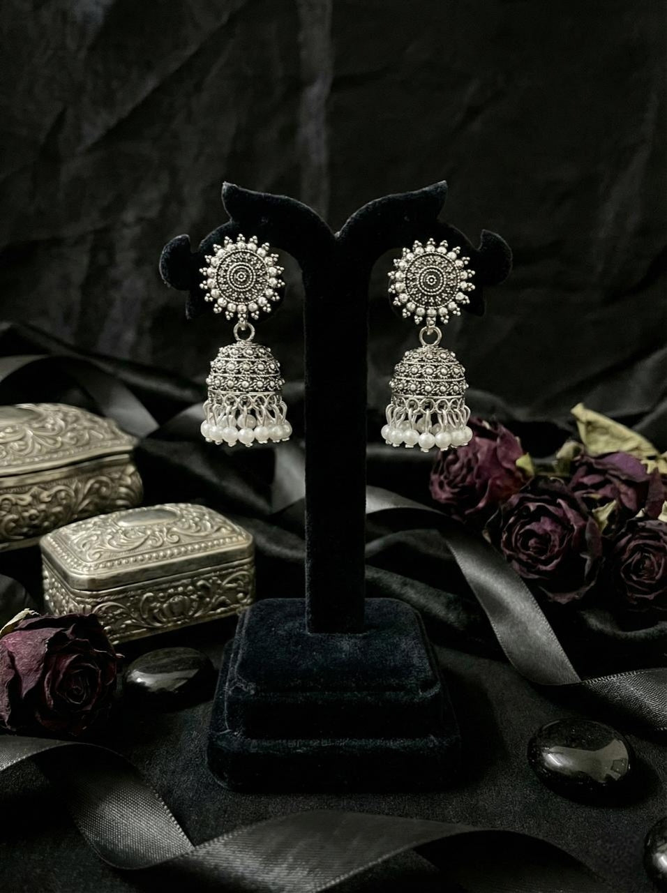 Chandrika Pearl Oxidized Jhumkas | Silver Oxidised Earrings – PL88123110