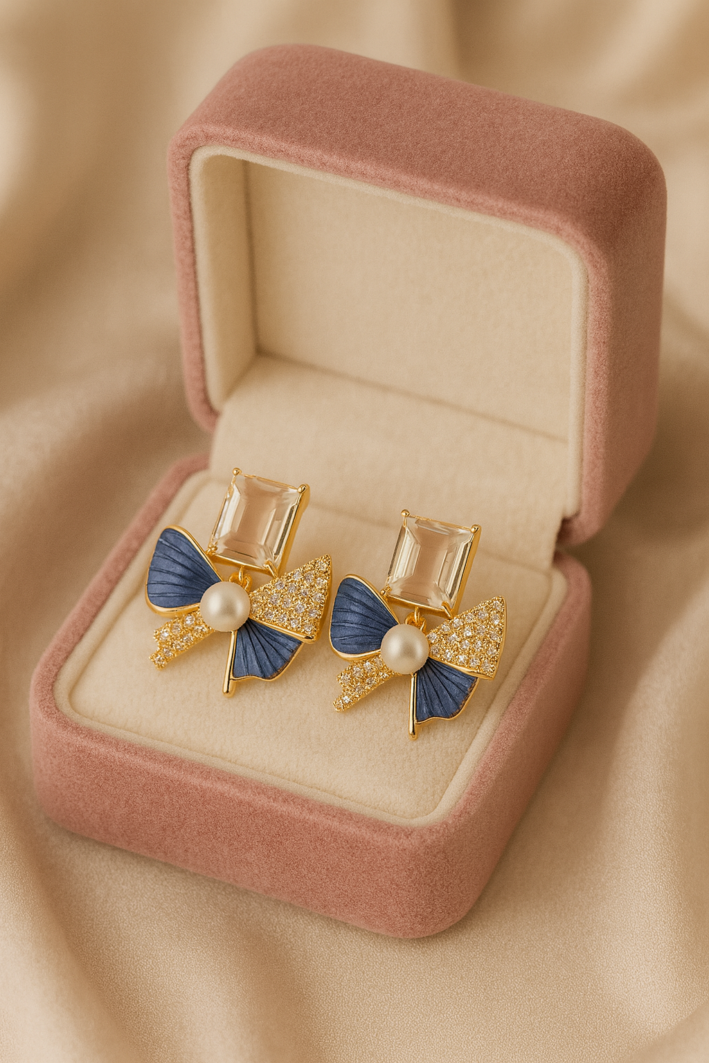 Crystal Bow Pearl Stud Earrings | Gold-Plated Stainless Steel  – KZ8812311