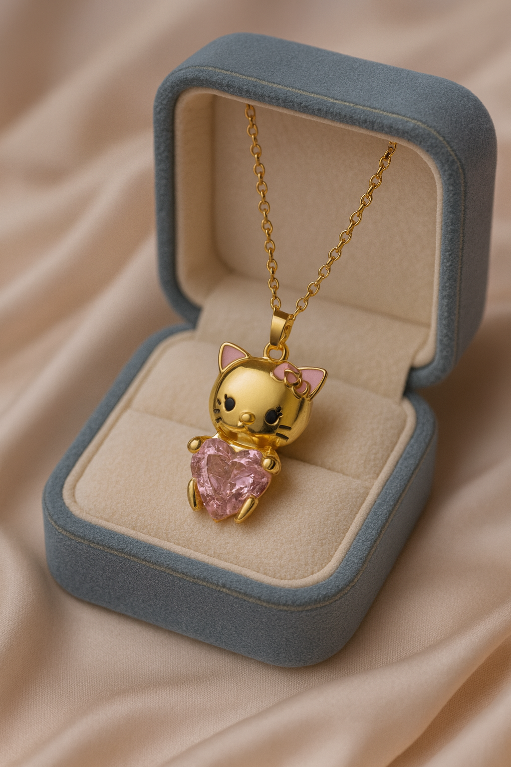 Lucky Cat Pink Heart Necklace | Gold-Plated Stainless Steel – KZ8812301