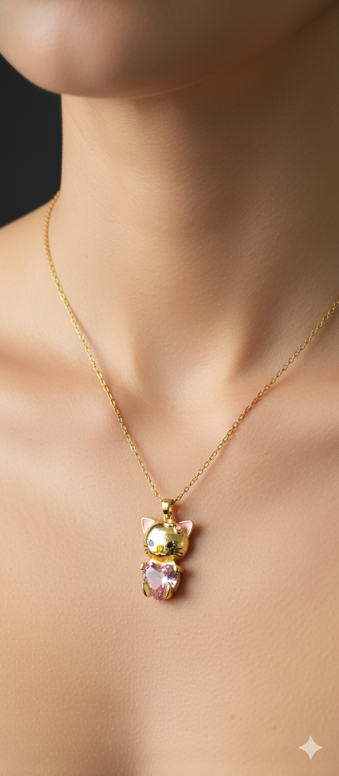 Lucky Cat Pink Heart Necklace | Gold-Plated Stainless Steel – KZ8812301