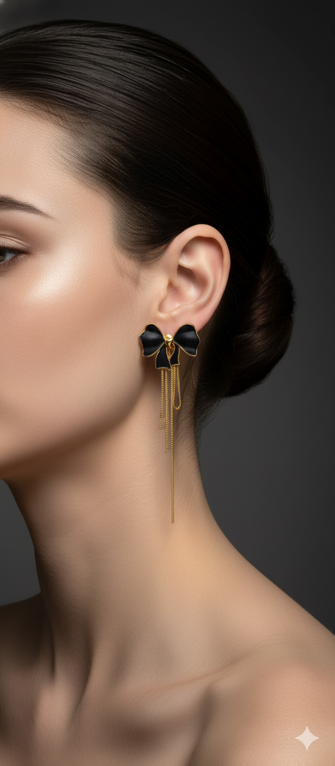 Black Bow Chain Drop Earrings | Gold-Plated Stainless Steel – KZ8812313
