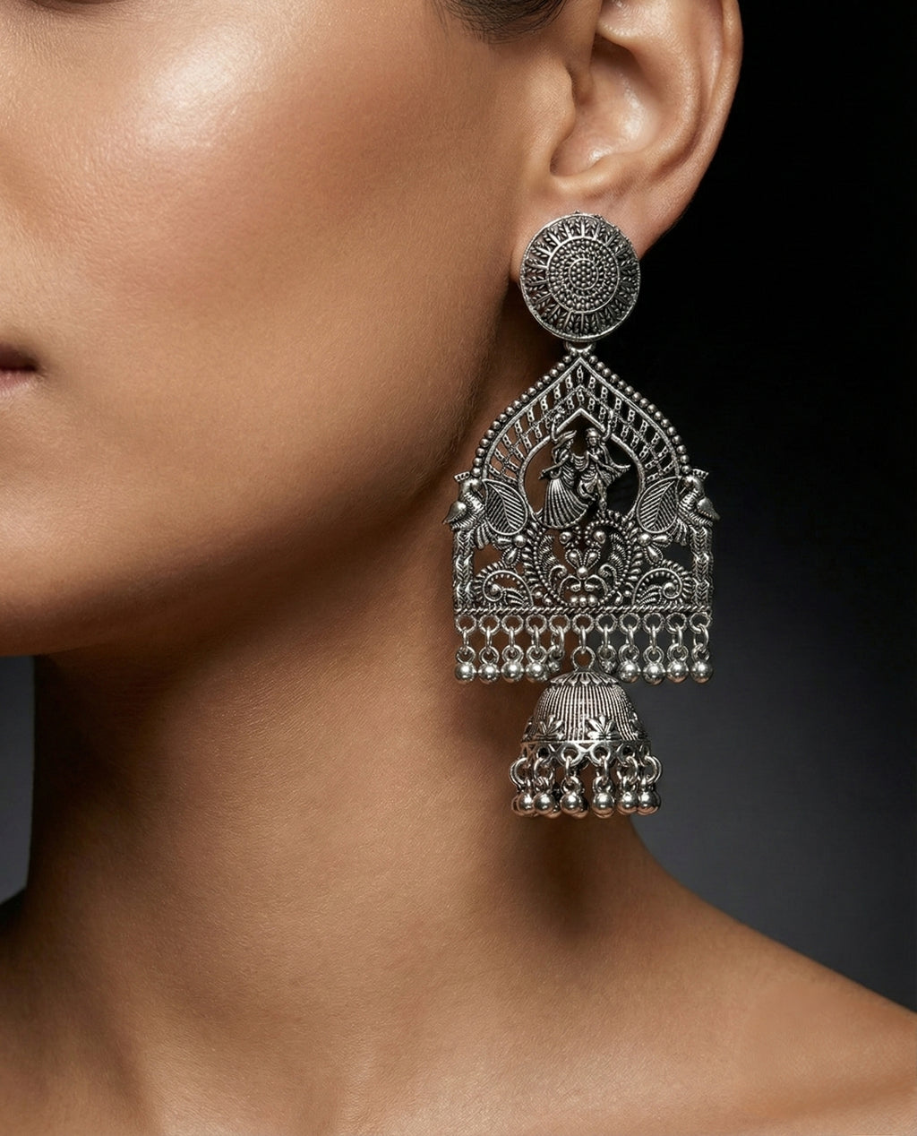 Garbhagriha Naad Jhumkas | Silver Oxidised Earrings – JAY88123127