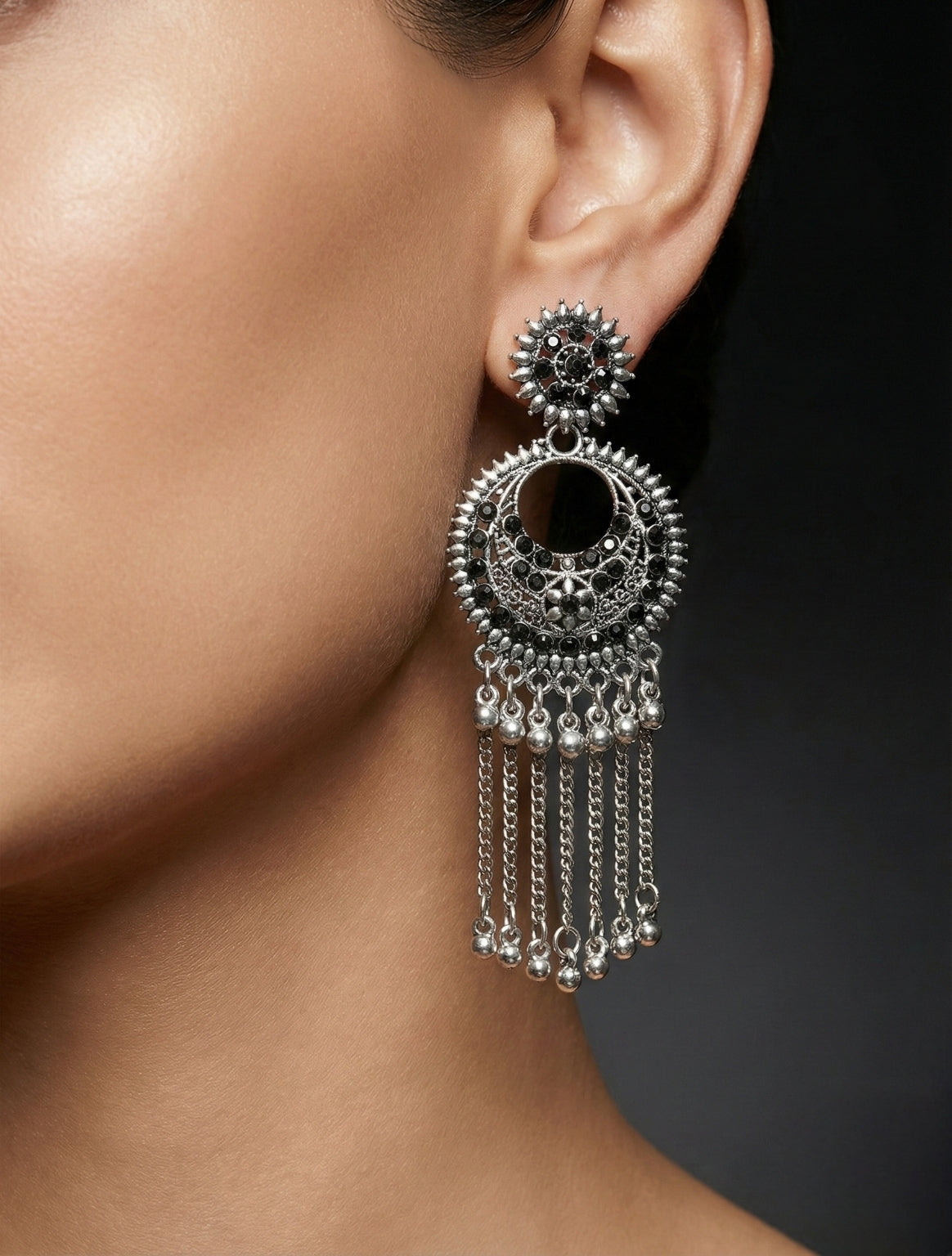 ChandraNaad Tassel Earrings | Silver Oxidised Earrings – JAY88123124