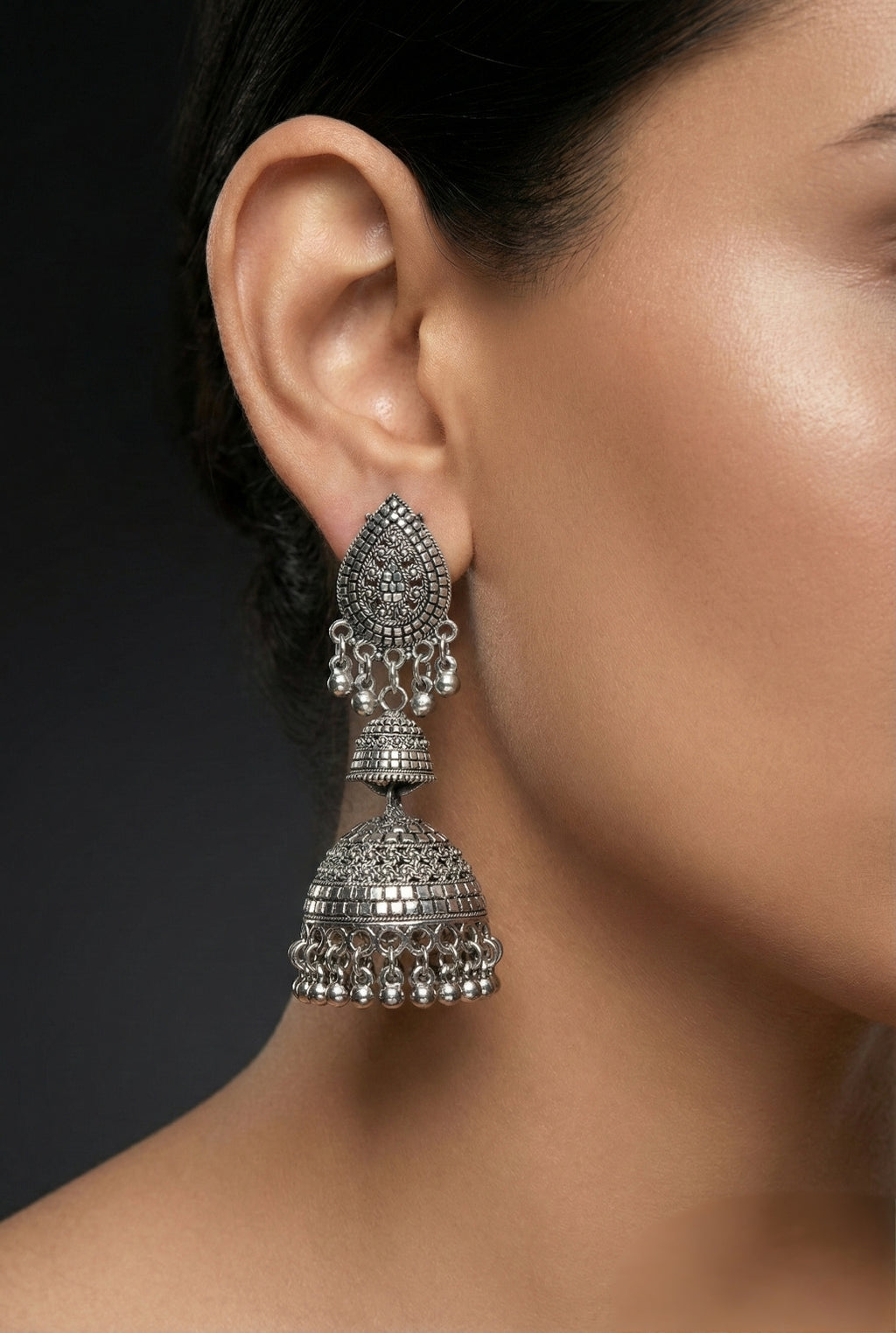Shikhar Naad Jhumkas | Silver Oxidised Earrings – JAY88123122