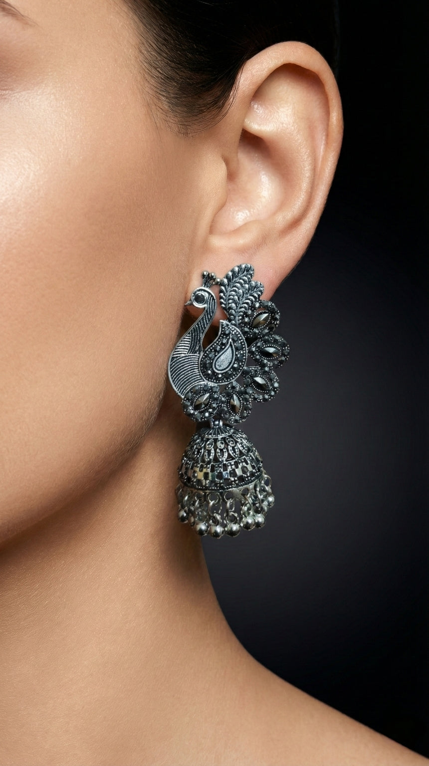 Mayura Shobha Jhumkas | Silver Oxidised Earrings – JAY88123128