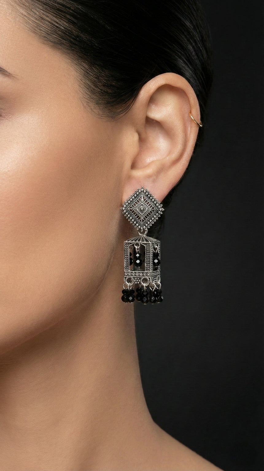 Katha Black Pearl Cage Jhumkas | Silver Oxidised Earrings – PL88123116