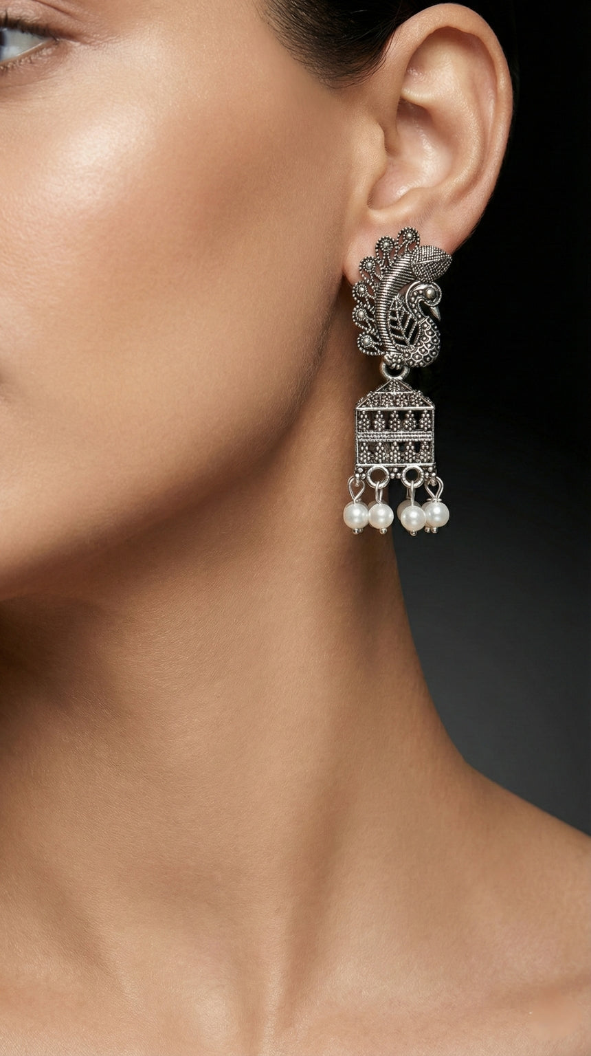 Morni Pearl Drop Earrings | Silver Oxidised Earrings – PL88123120