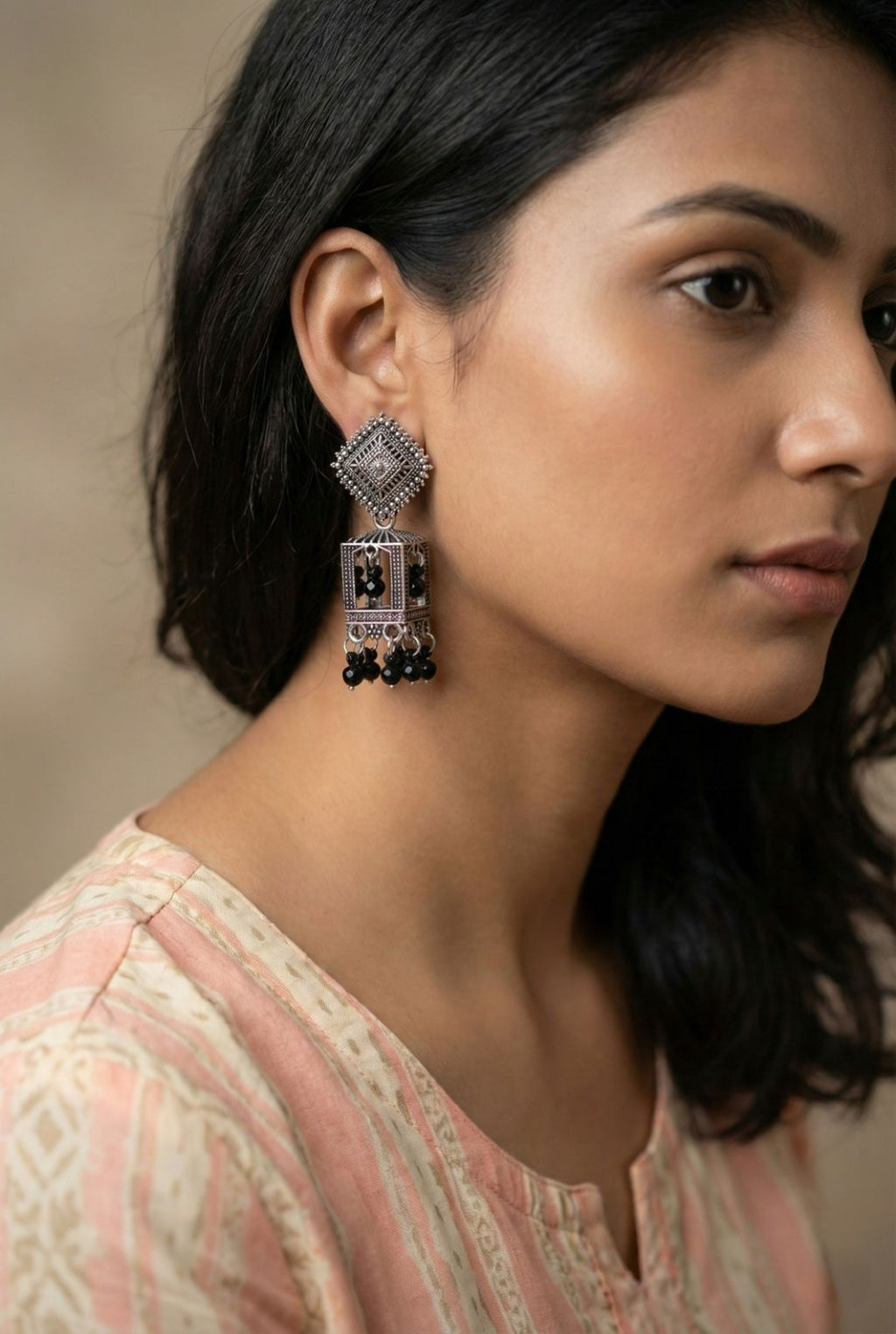 Katha Black Pearl Cage Jhumkas | Silver Oxidised Earrings – PL88123116