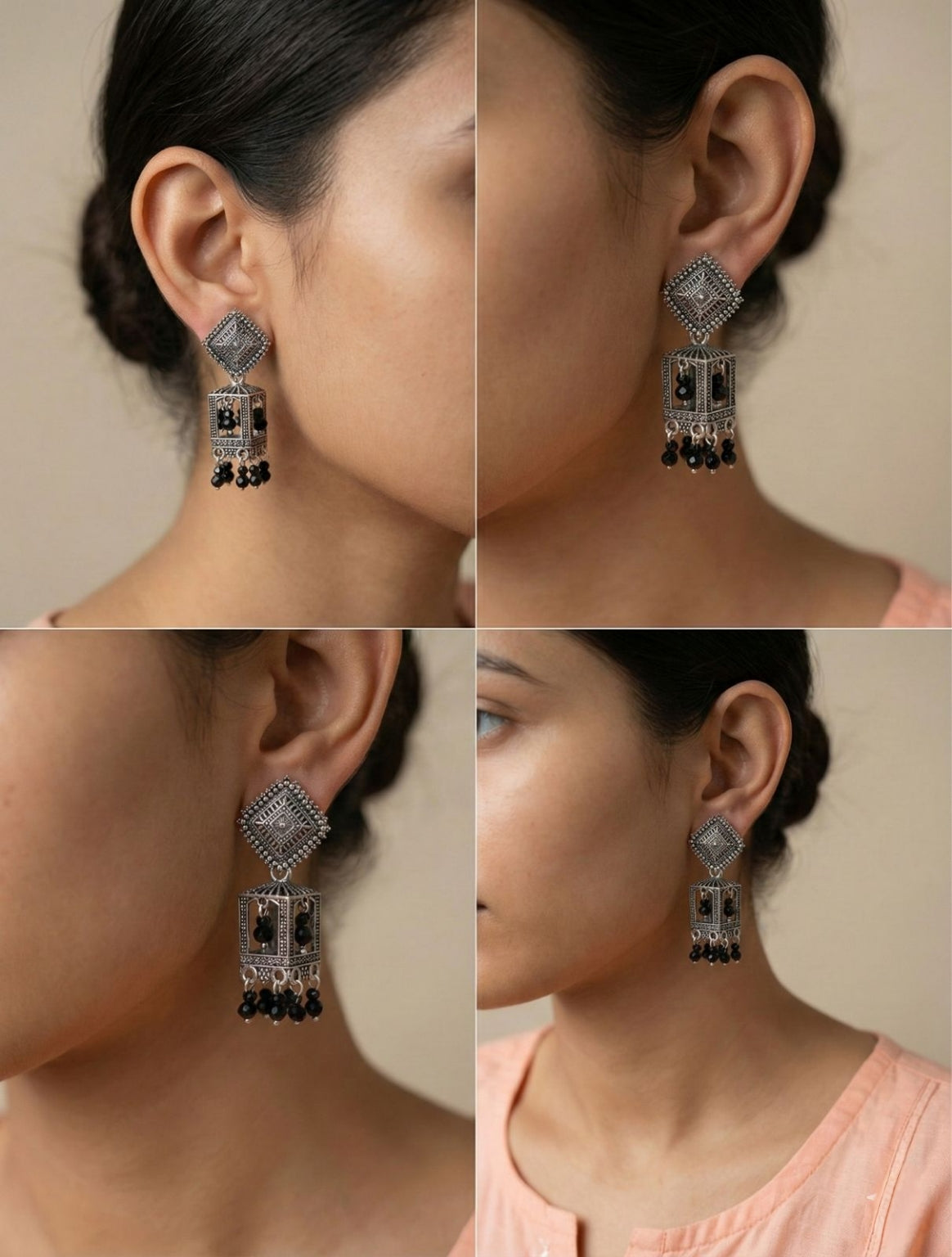 Katha Black Pearl Cage Jhumkas | Silver Oxidised Earrings – PL88123116