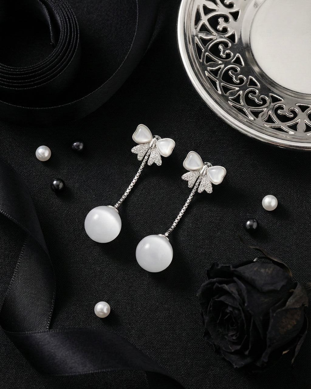 Ivory Bow Orb Drop Earrings | Gold-Plated Stainless Steel– KZ8812312