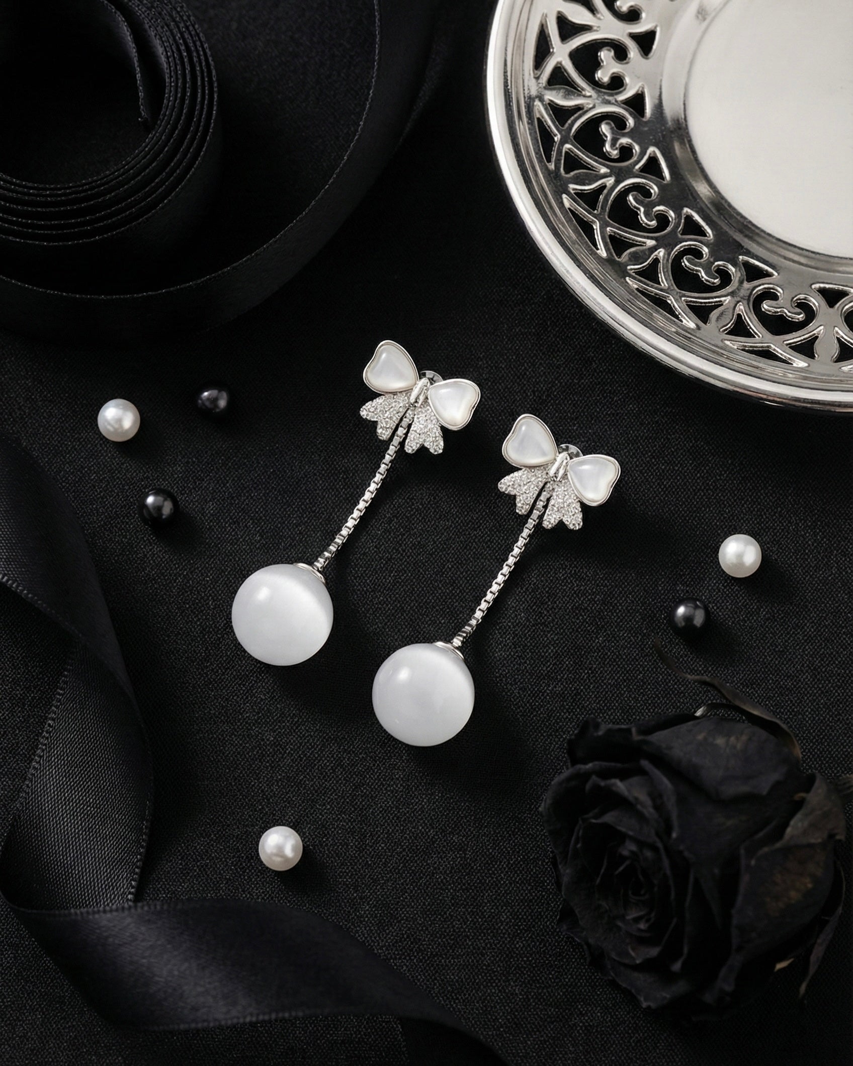 Ivory Bow Orb Drop Earrings | Gold-Plated Stainless Steel– KZ8812312