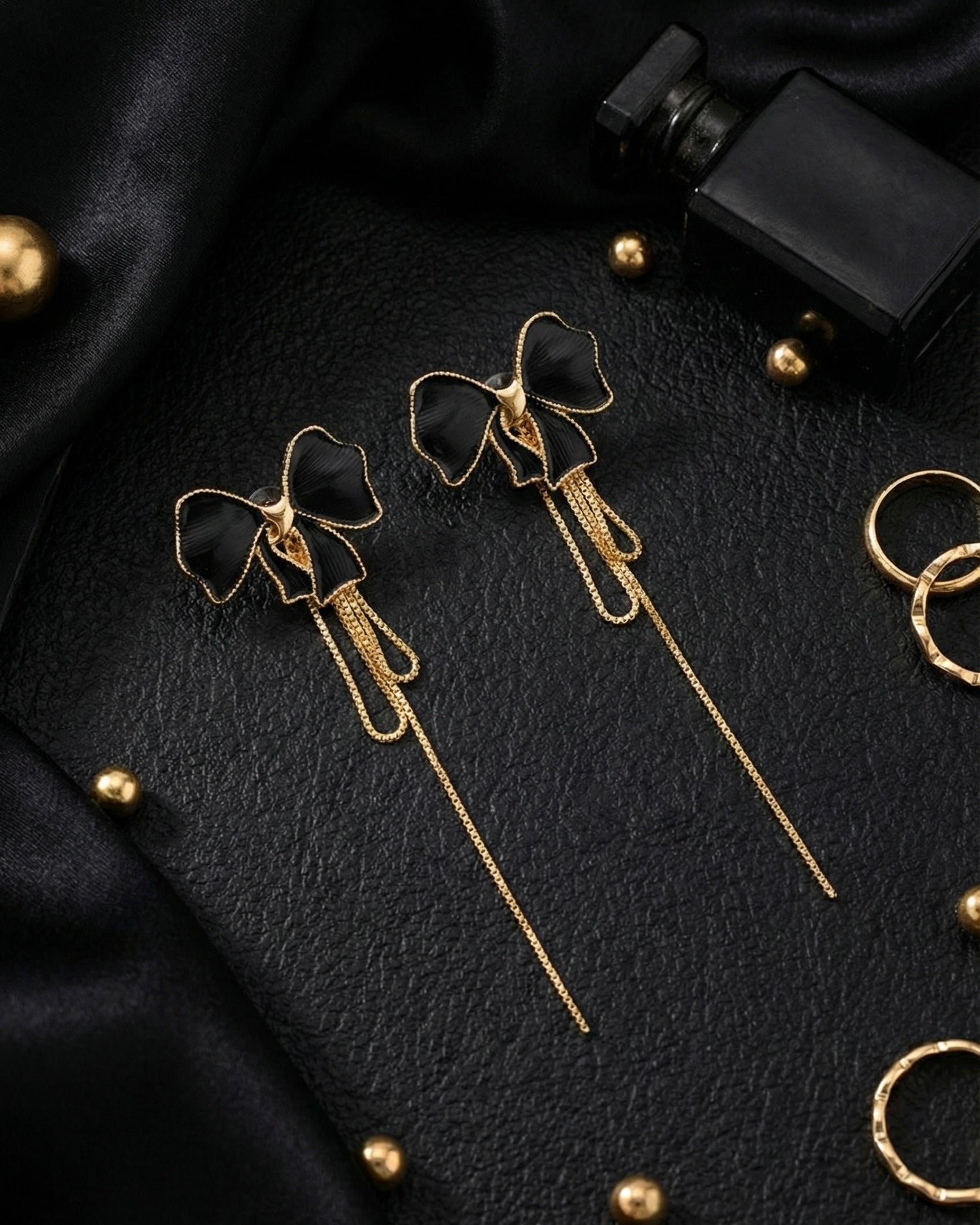 Black Bow Chain Drop Earrings | Gold-Plated Stainless Steel – KZ8812313