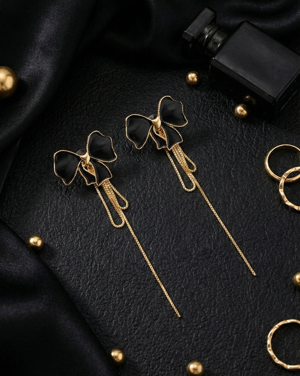 Black Bow Chain Drop Earrings | Gold-Plated Stainless Steel – KZ8812313