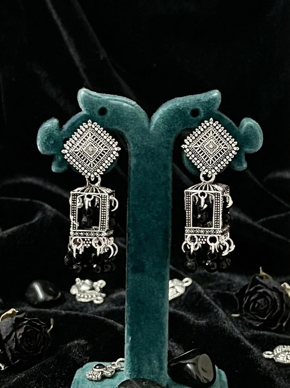 Katha Black Pearl Cage Jhumkas | Silver Oxidised Earrings – PL88123116