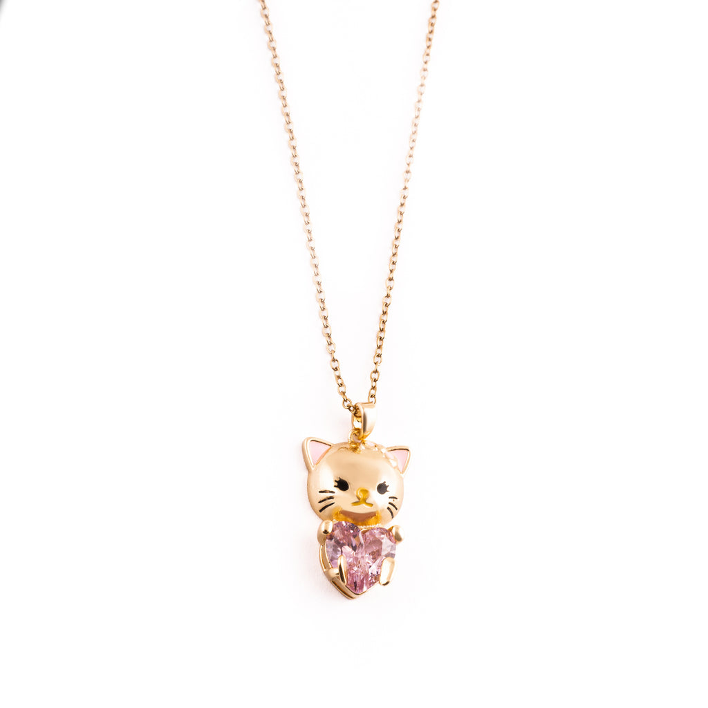 Lucky Cat Pink Heart Necklace-KZ8812301