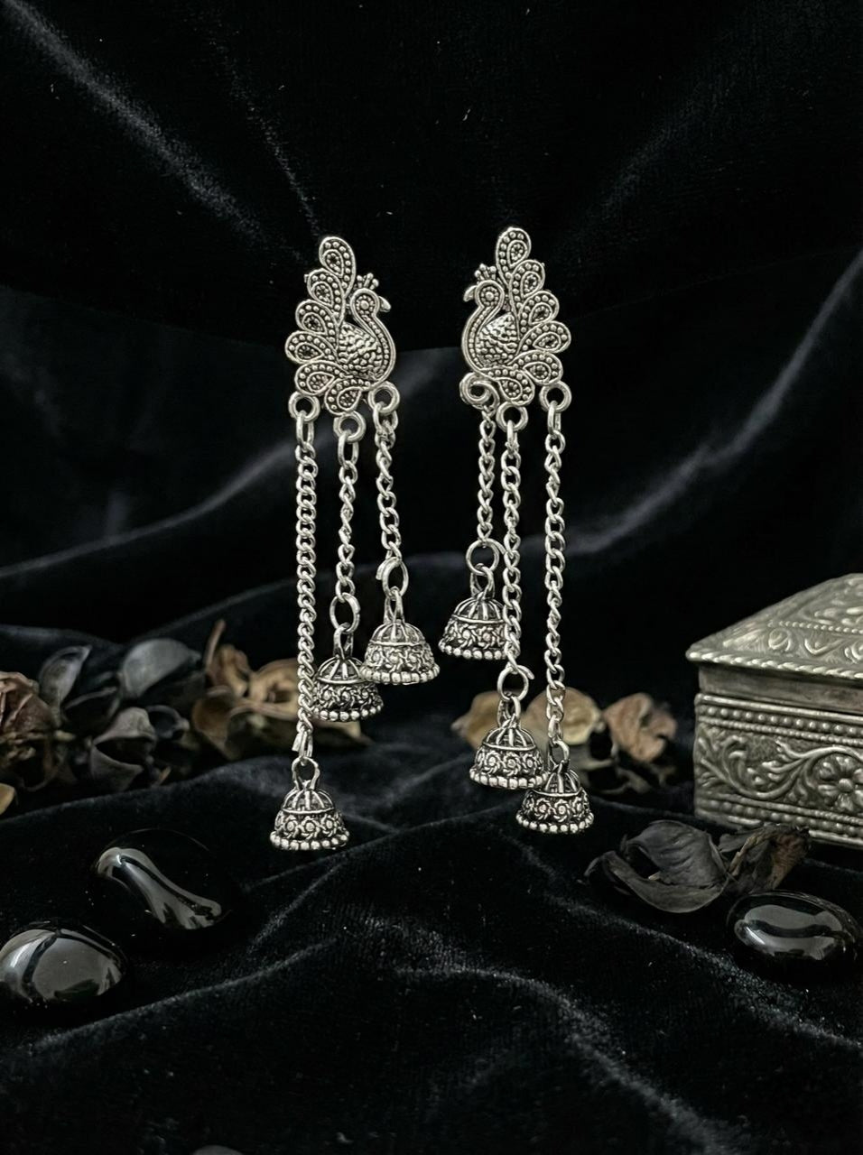 Mayura Pravaha Earrings | Silver Oxidised Earrings – PL88123113