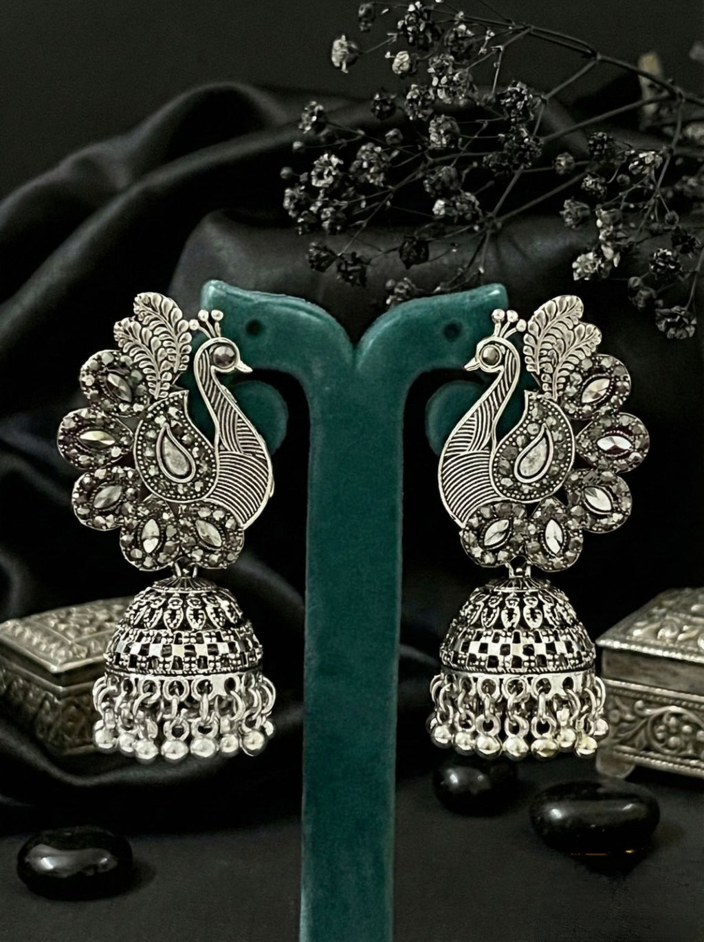 Mayura Shobha Jhumkas | Silver Oxidised Earrings – JAY88123128
