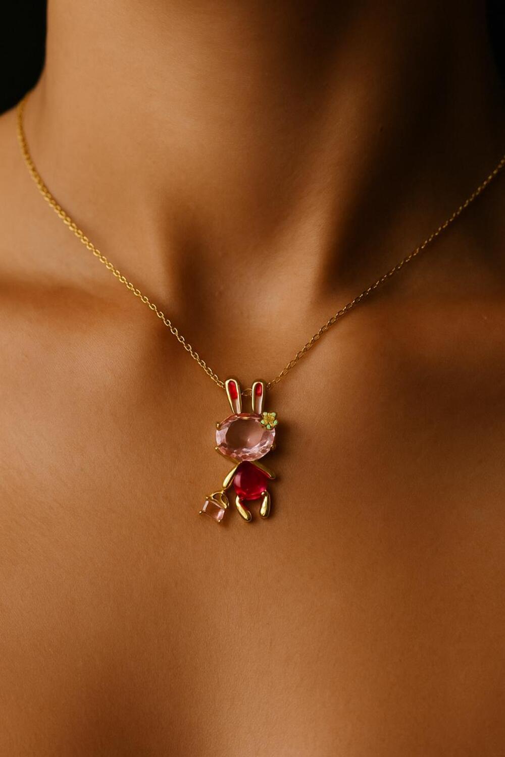 Pink Crystal Bunny Necklace-KZ8812324