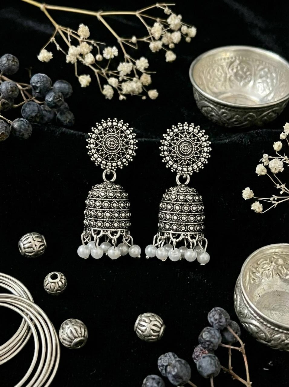 Pratha Traditional Pearl Jhumkas | Silver Oxidised Earrings – PL88123118