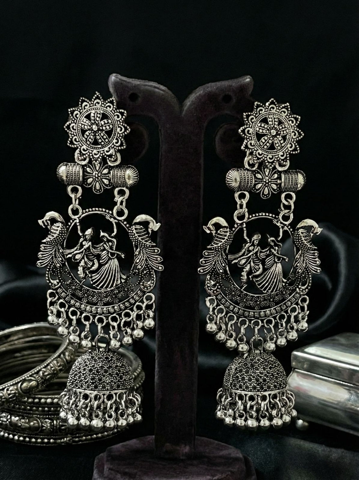 Raas Leela Naad Jhumkas | Silver Oxidised Earrings – JAY88123125