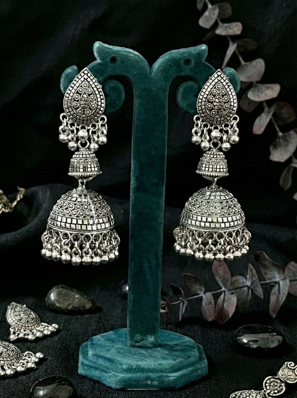 Shikhar Naad Jhumkas | Silver Oxidised Earrings – JAY88123122