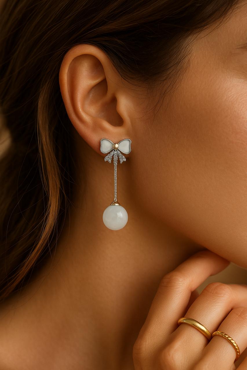 Ivory Bow Orb Drop Earring-KZ8812312