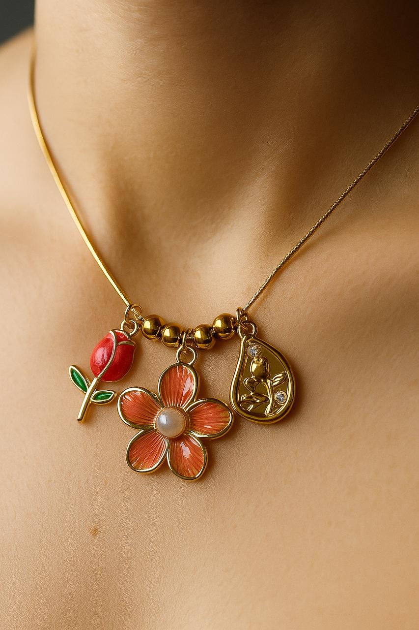 Coral Flower and Bud Necklace-KZ8812326