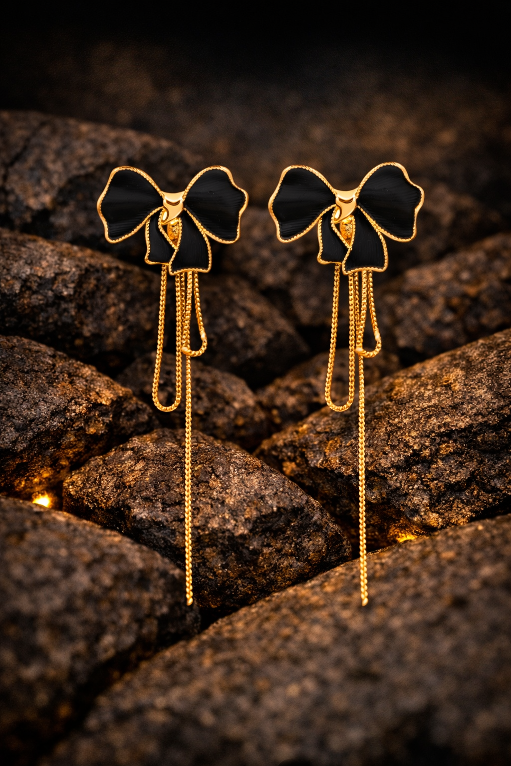 Black Bow Chain Drop Earrings | Gold-Plated Stainless Steel – KZ8812313
