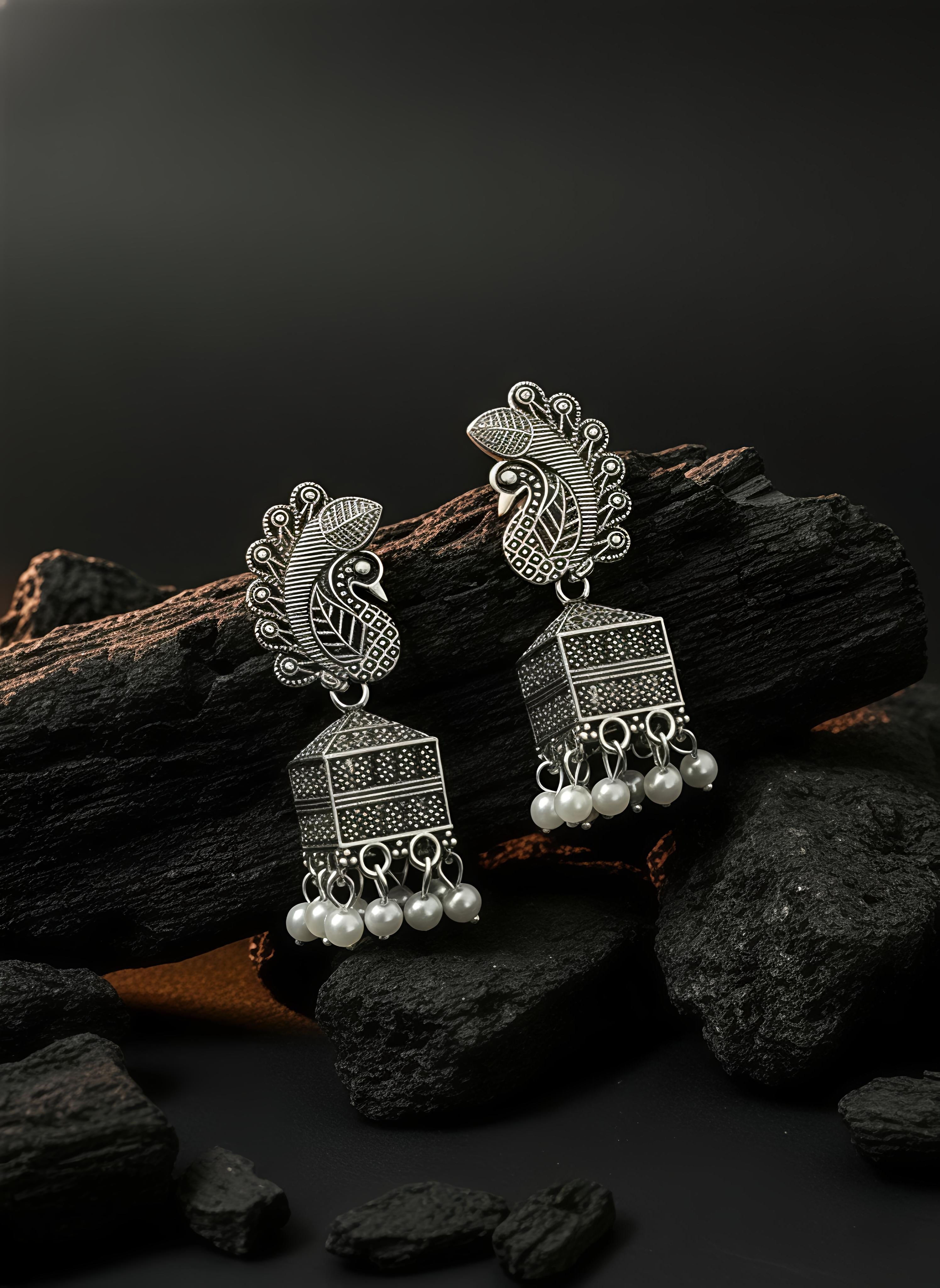 Morni Pearl Drop Earrings | Silver Oxidised Earrings – PL88123120